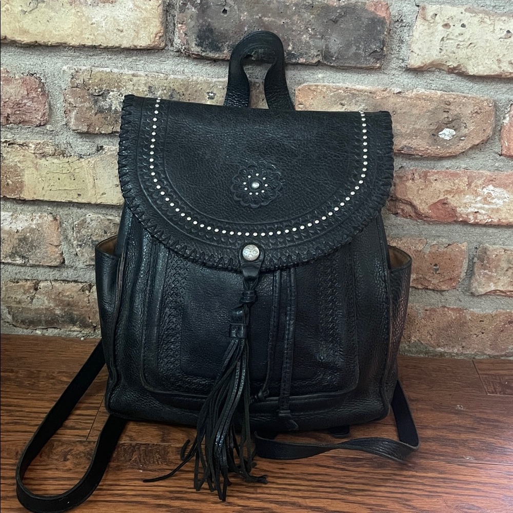 Patricia Nash Black Leather Tassel Backpack with Stud Accents